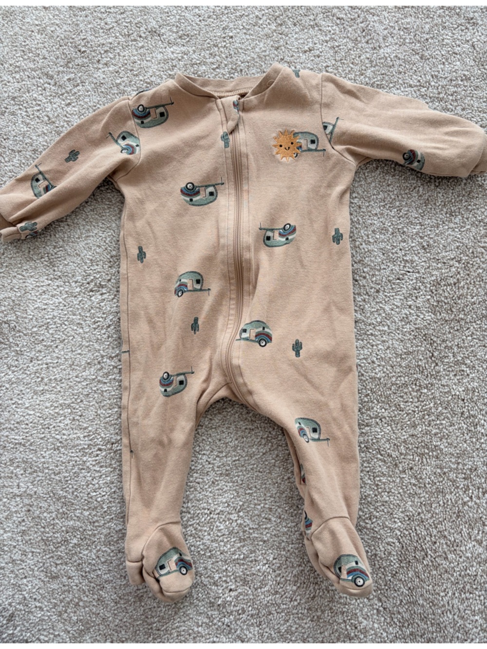 Beige Baby Zip Sleeper with Camper Print